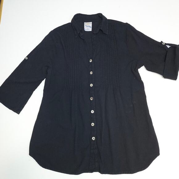 Vintage Dunes Black Shell Buttons Long Shirt Textured Button Up Blouse Top - Picture 2 of 8